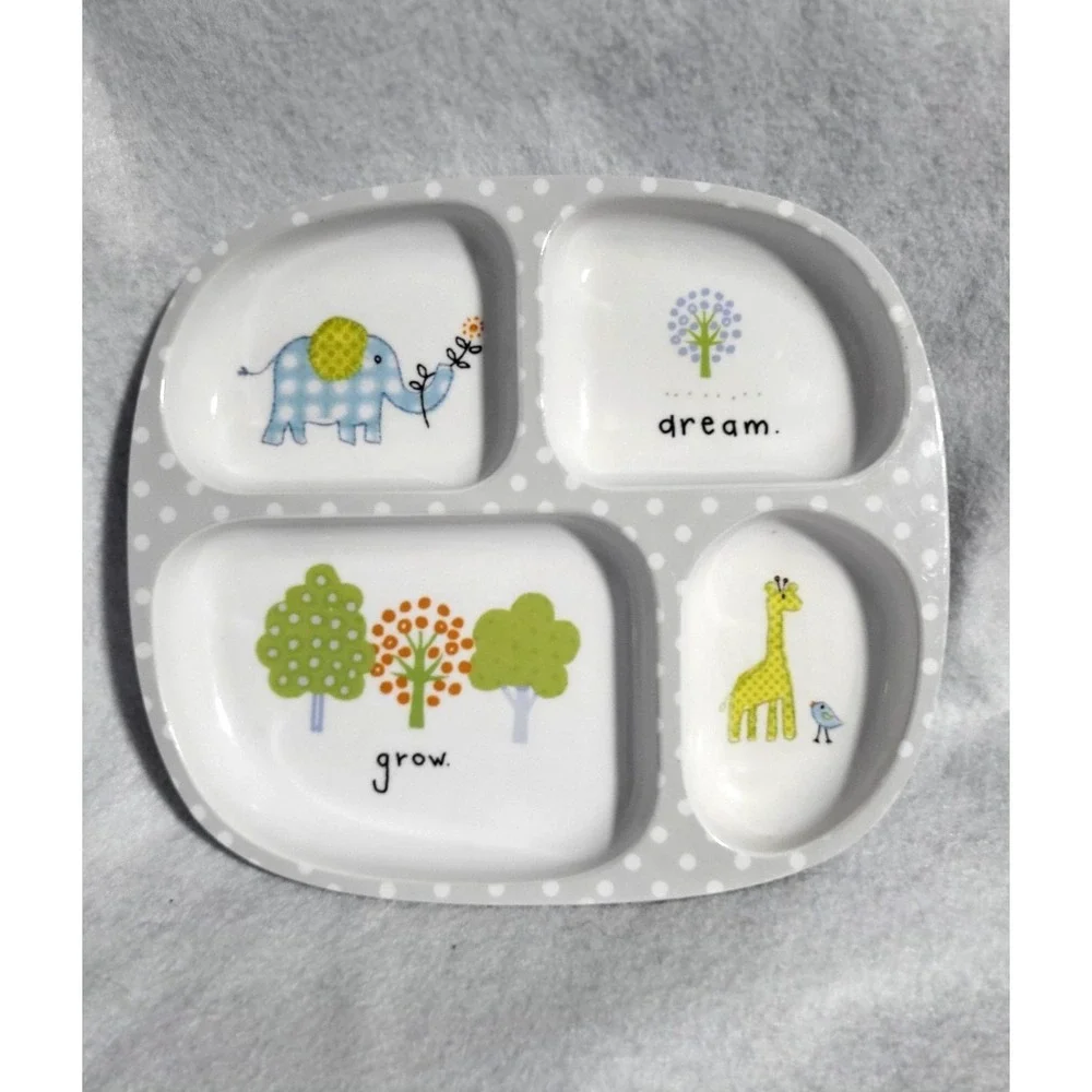 Pottery Barn Kids Plate Sectioned Meal Plate Zoo Animals Trees Melamine Gray
